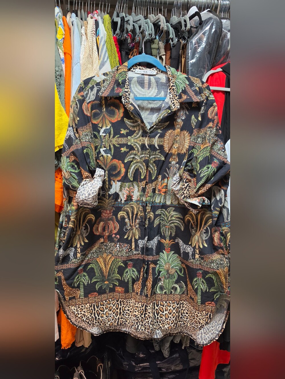 Italian Tropical Safari Print Button-Up Tunic - Black Base